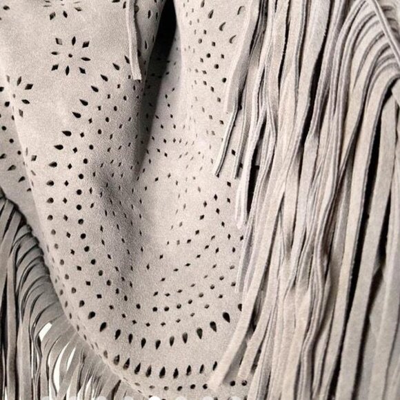 Johnny Was Elodie Suede Felt Laser‎ Cut Fringe Boho Gray Suede Leather Tote NWOT - Picture 2 of 8